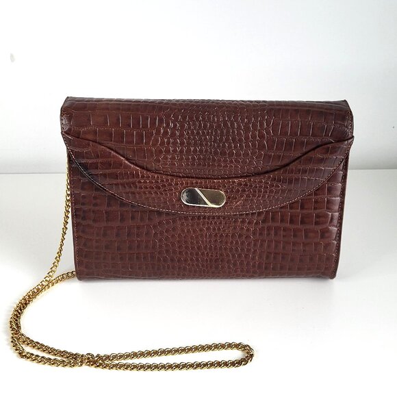 Vintage CORET Croc-Embossed Leather Shoulder Bag I Brown I Made in Canada - Picture 1 of 11
